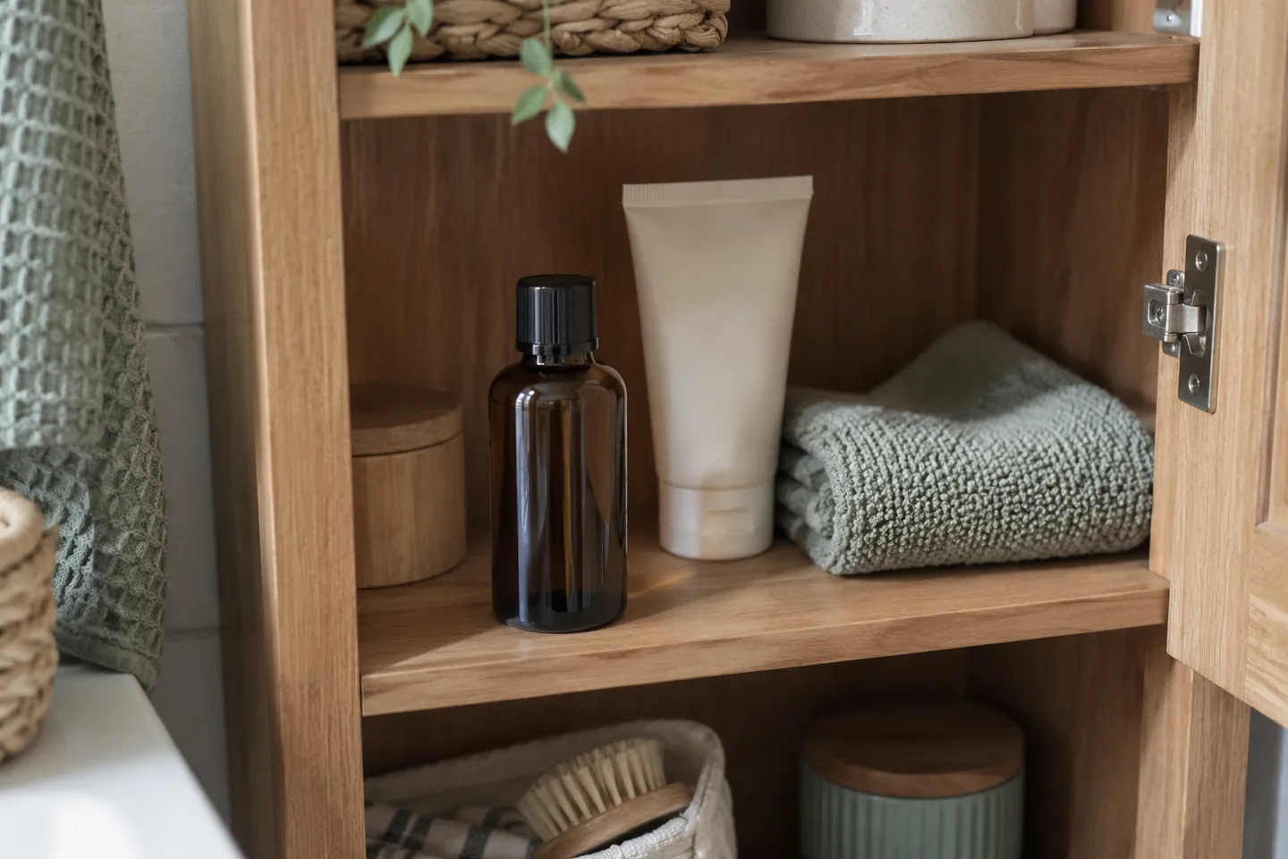 Bouteille d’huile corporelle rangée dans une armoire de salle de bain