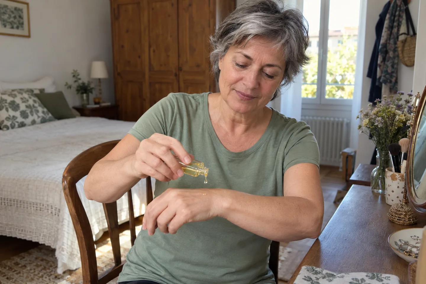 Femme déposant une goutte d’huile sur le dos de sa main près d’une fenêtre
