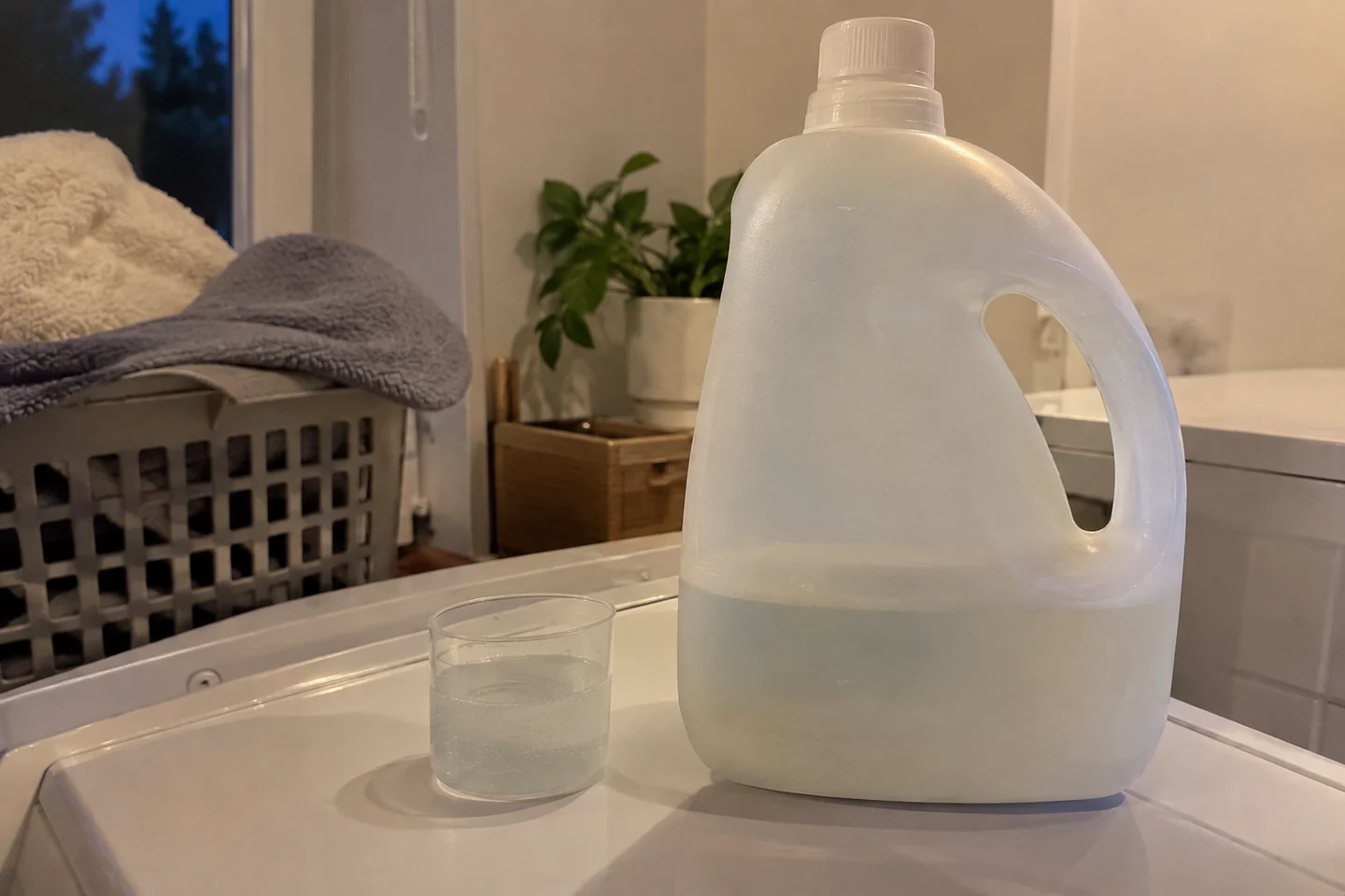 Une doseuse à côté d’un bidon de lessive neutre