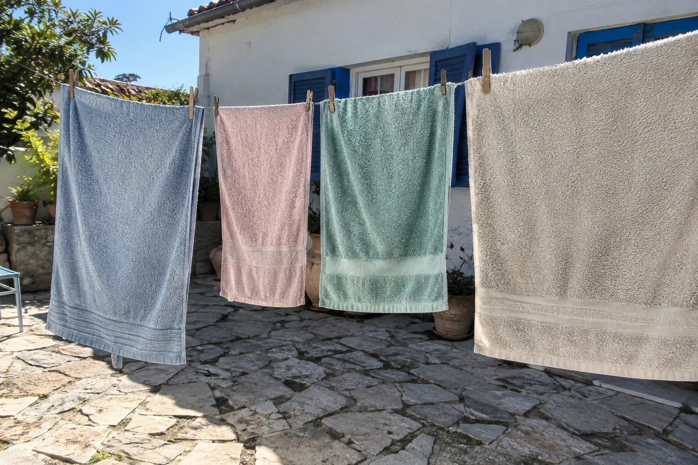 Des serviettes sèchent espacées dans une cour