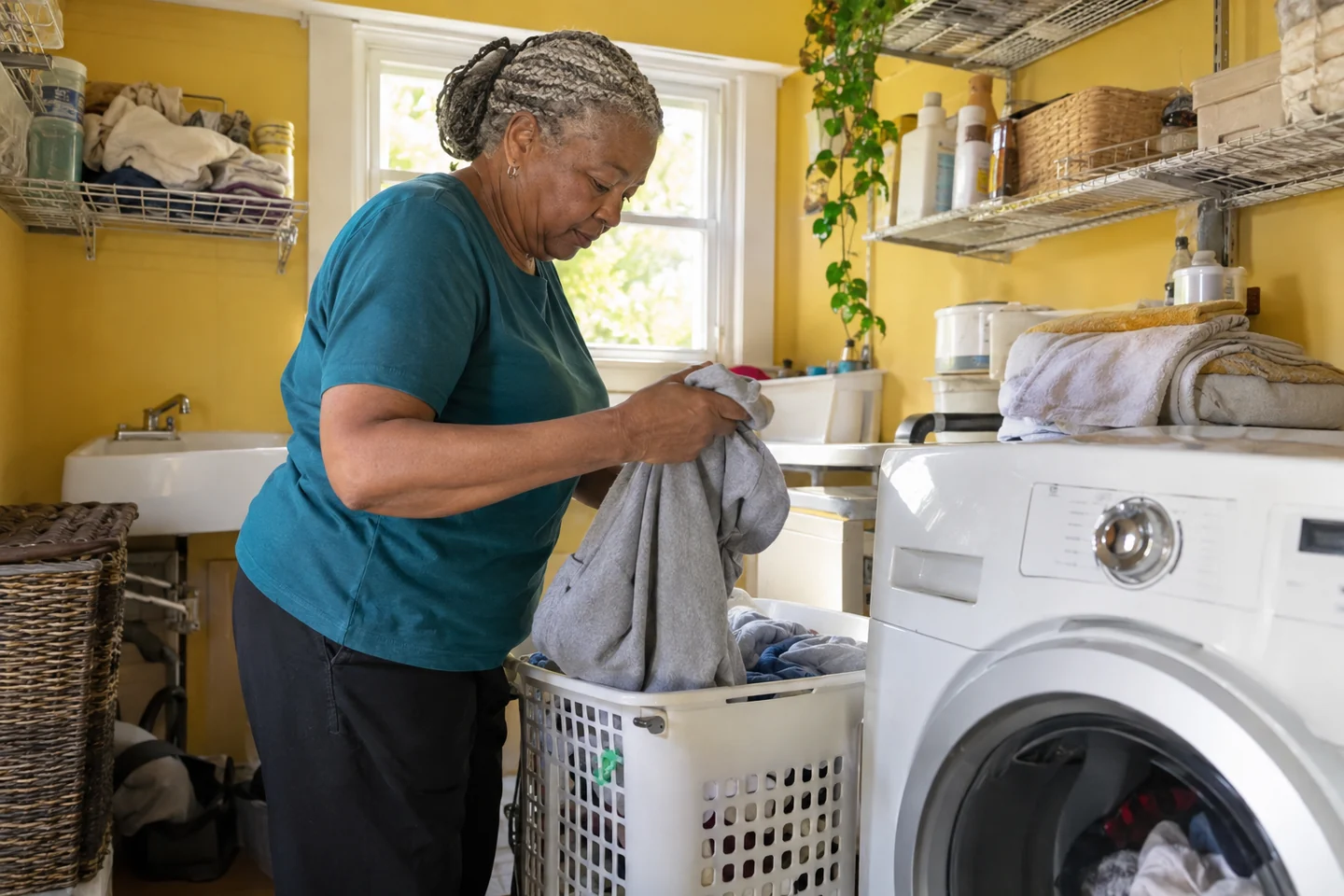 Une femme trie le linge devant une machine