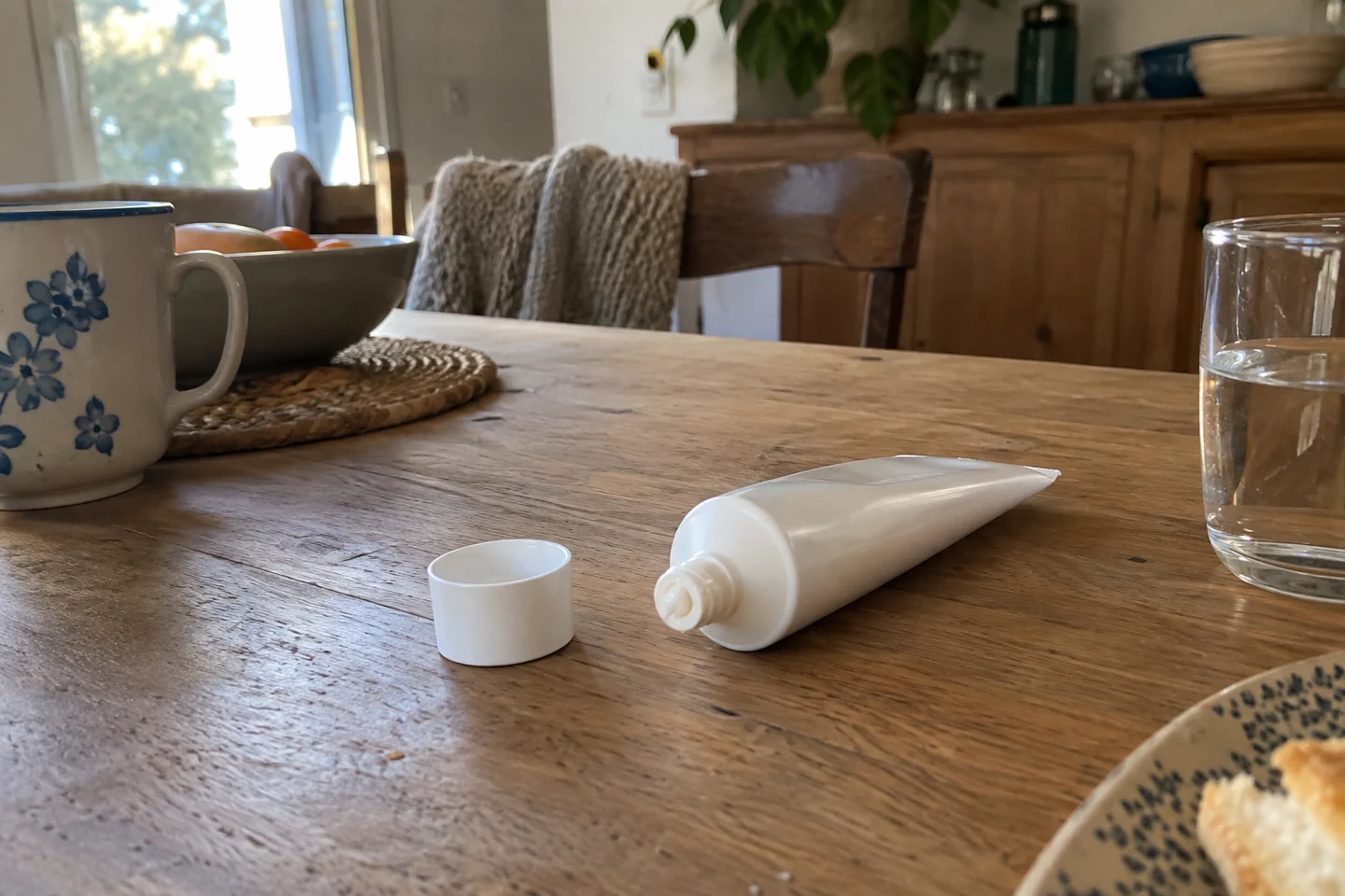 Un tube de crème ouvert sur une table de cuisine