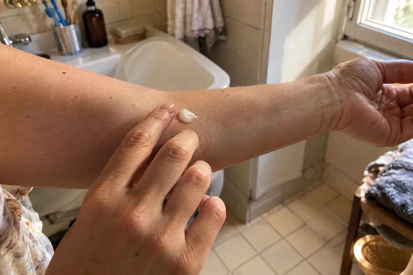Une petite noisette de crème sur un avant-bras