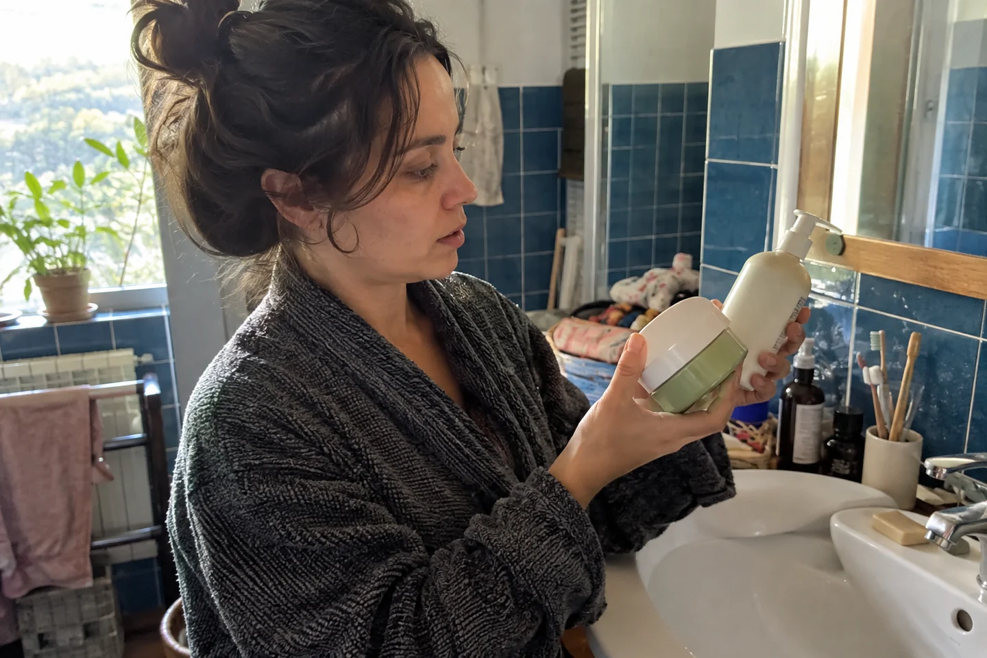 Une femme compare un pot et un flacon de soin