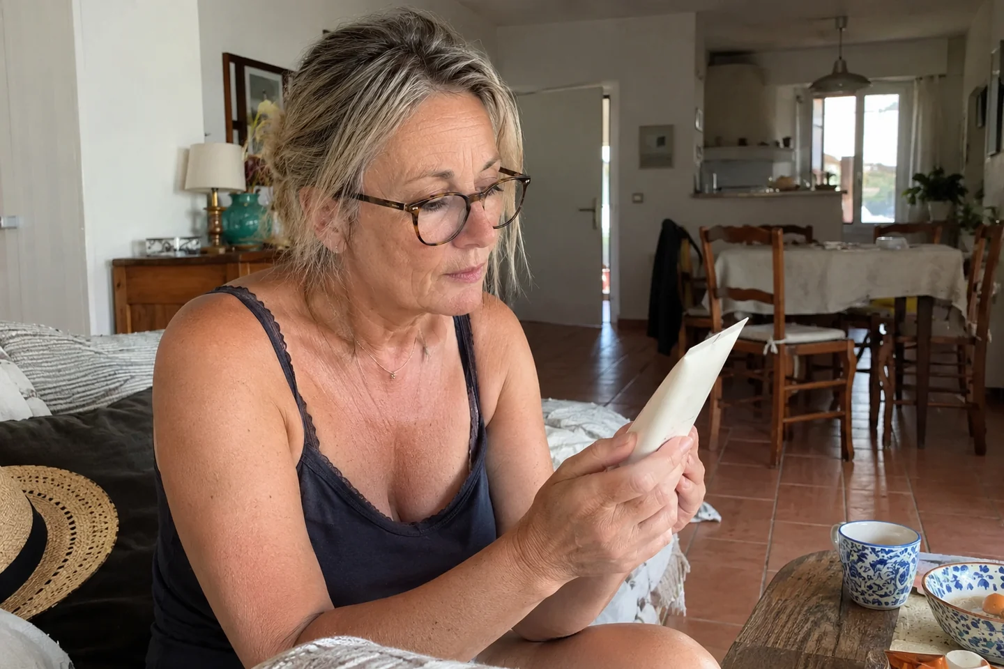 Une femme observe un tube avec ses lunettes