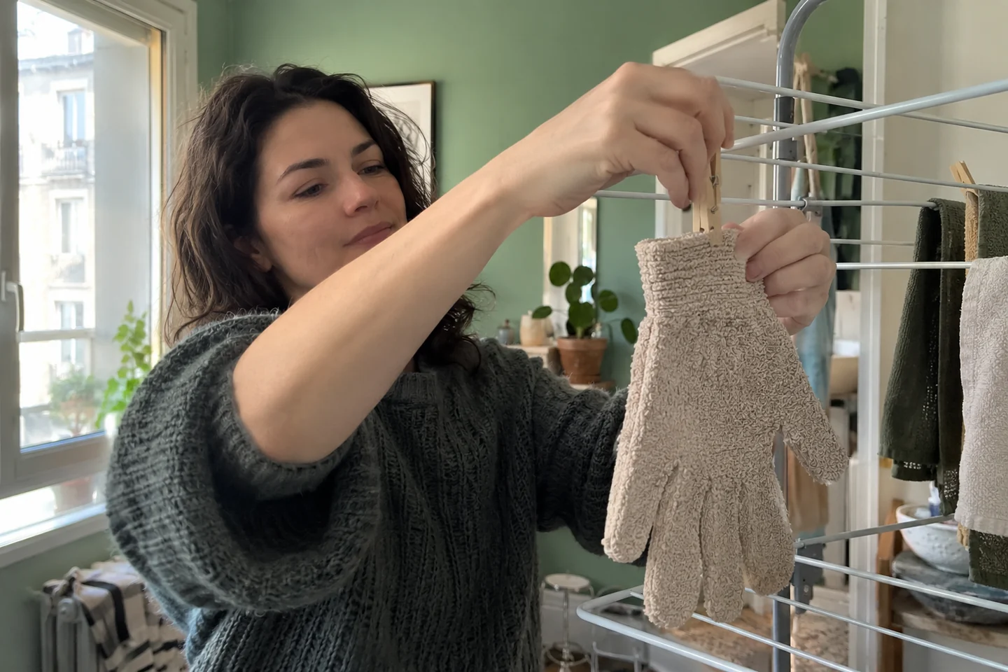 Une femme suspend un gant bien déplié