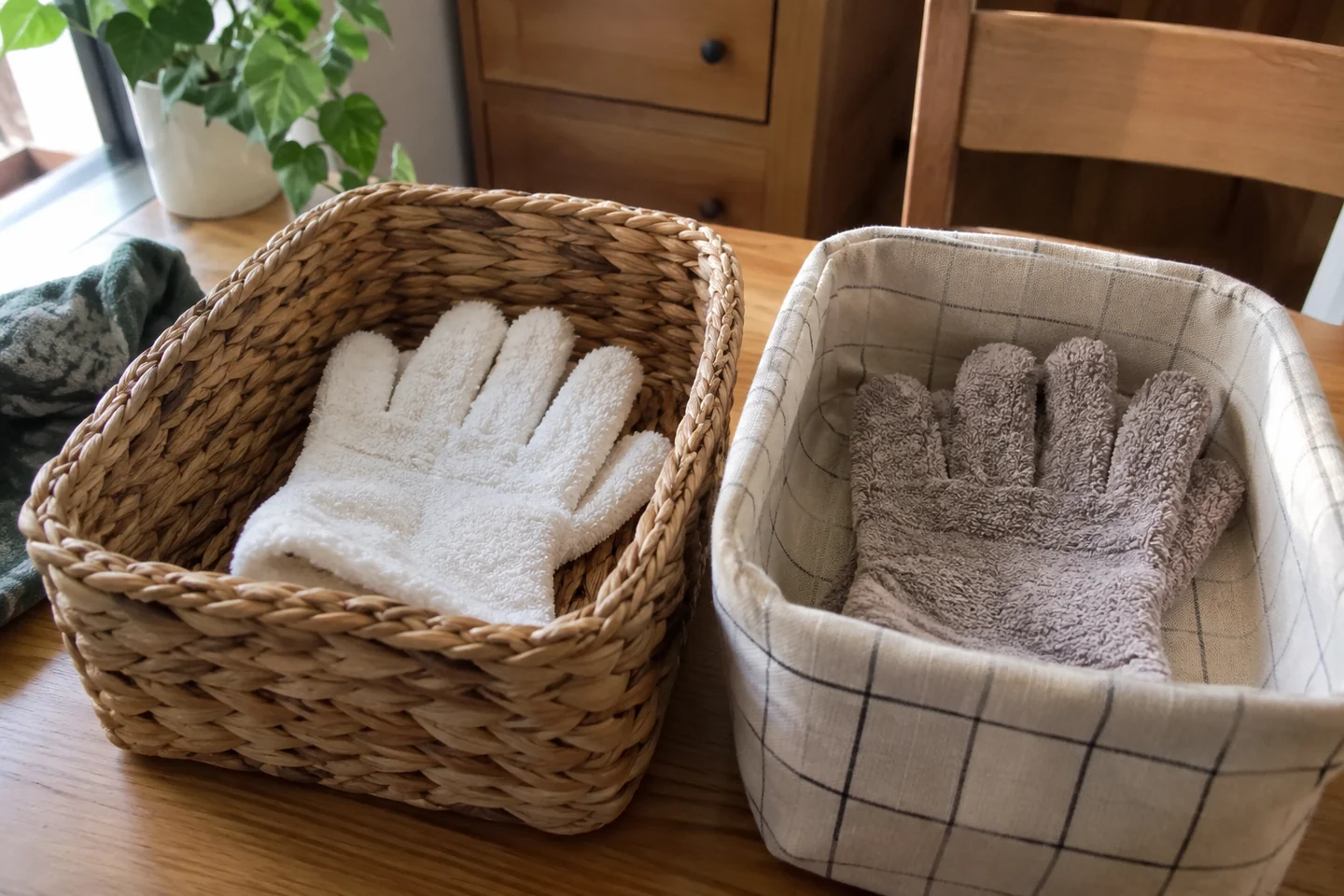Deux gants propres dans des paniers distincts