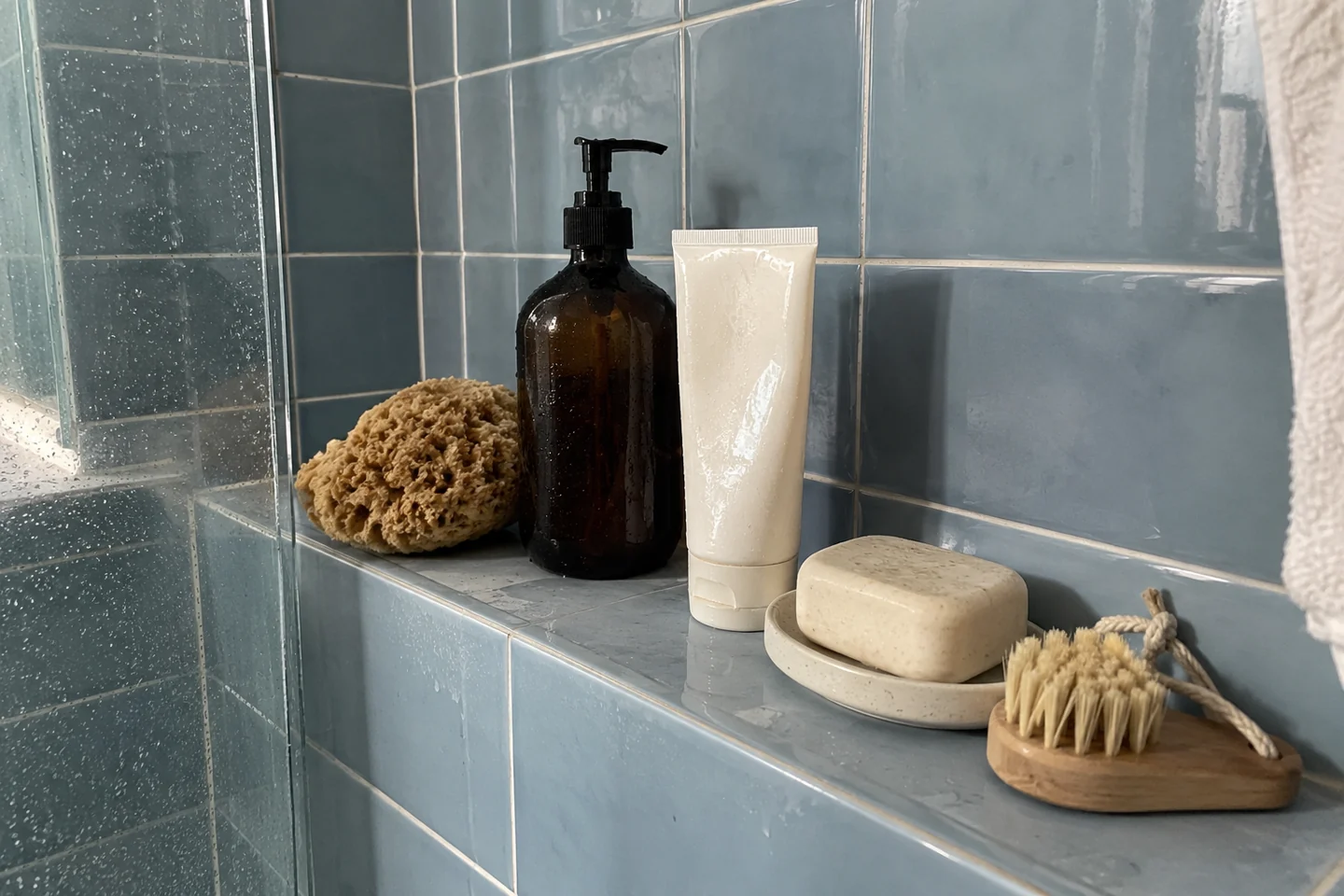 Des accessoires de douche propres séparés sur une tablette