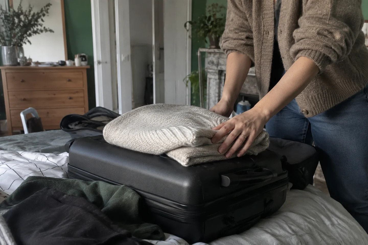 Un vêtement souple plié sur une valise