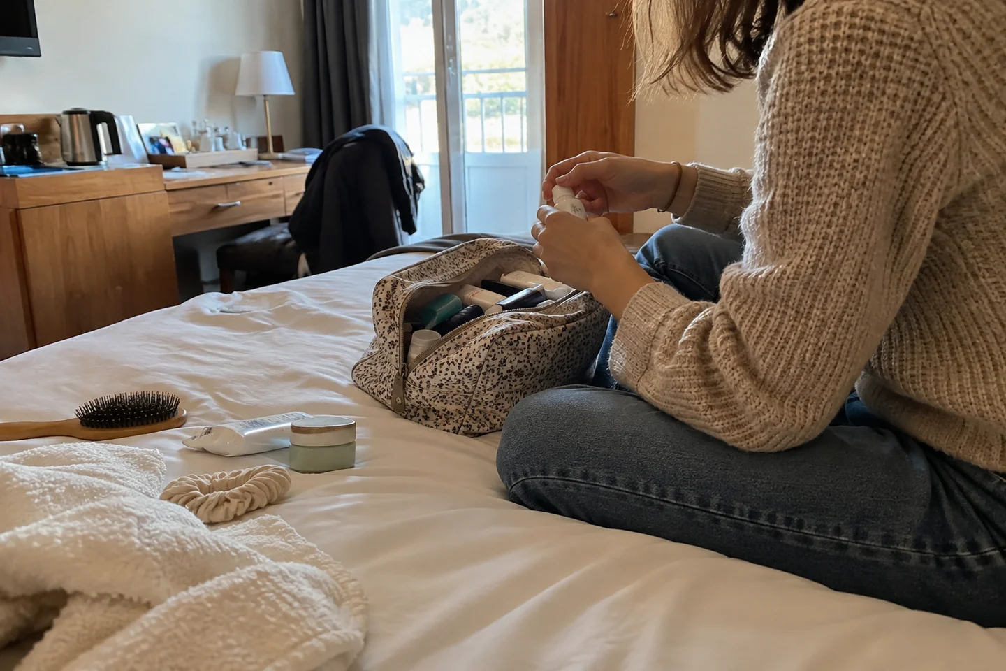 Une chambre d’hôtel avec affaires de toilette simples