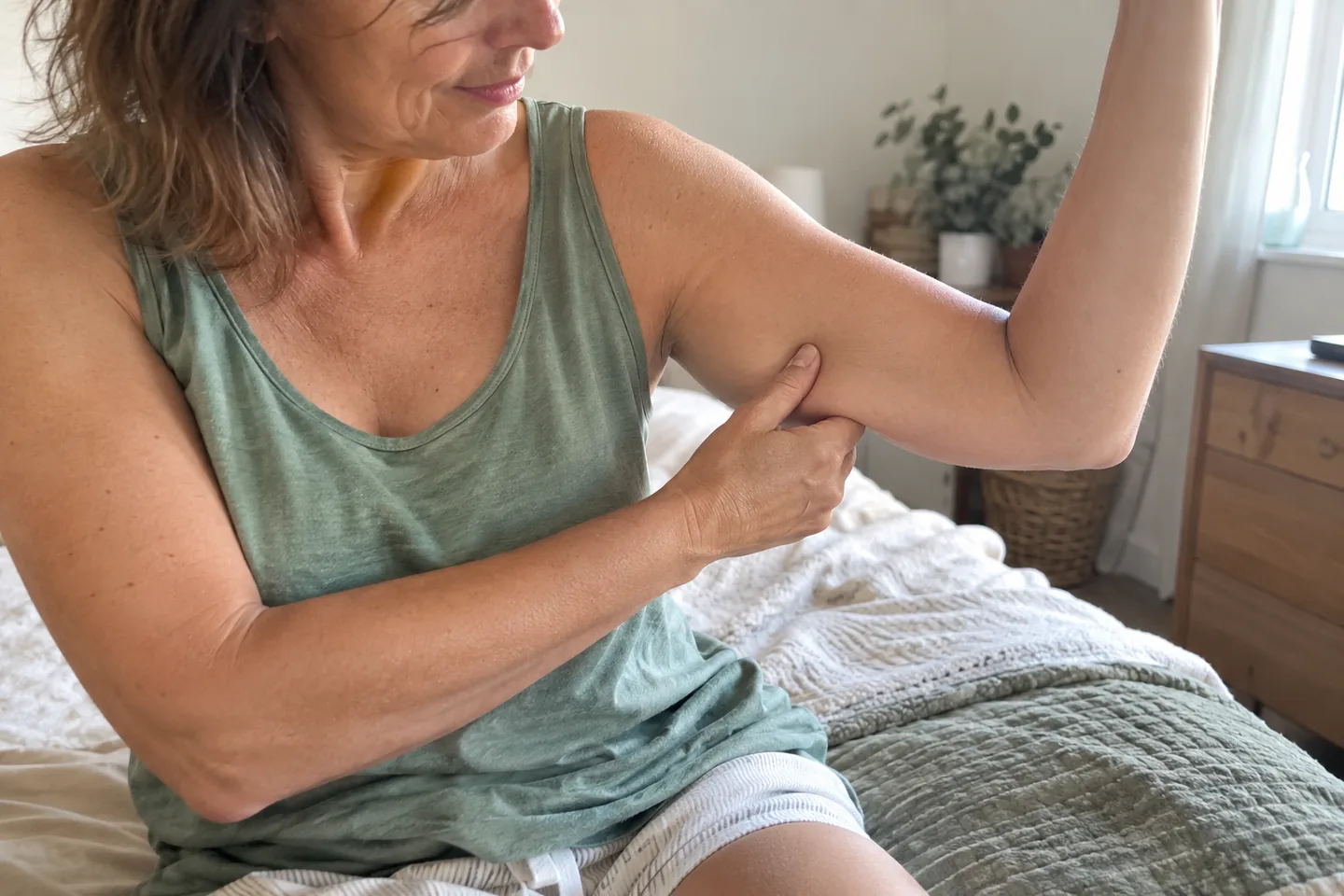 Main qui pince doucement la peau à l’arrière du bras pour en observer la souplesse
