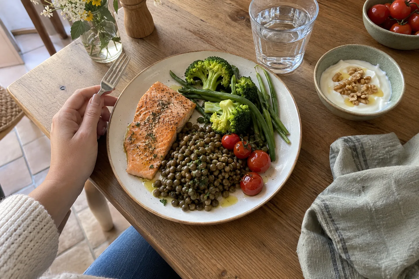Assiette riche en protéines avec saumon, lentilles, légumes verts et un verre d’eau