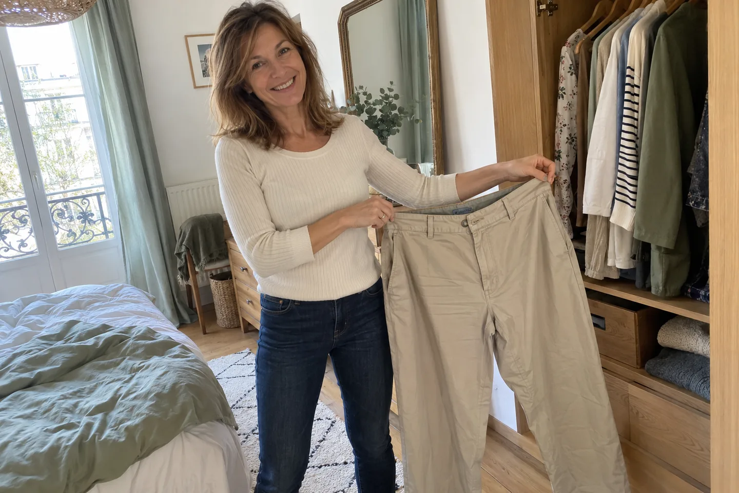 Femme d’une cinquantaine d’années tenant devant elle son ancien pantalon devenu trop grand