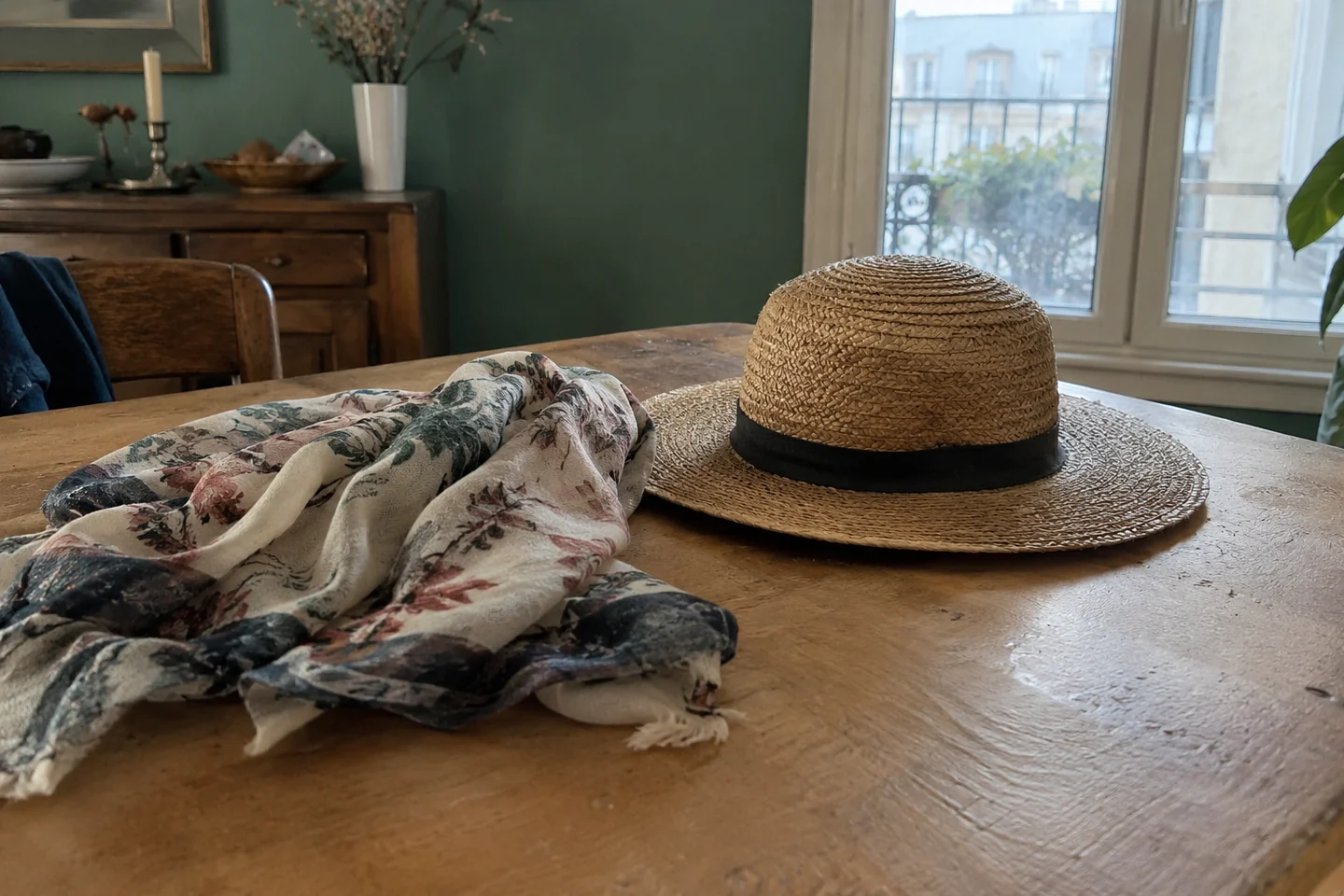 Un foulard léger à côté d’un chapeau