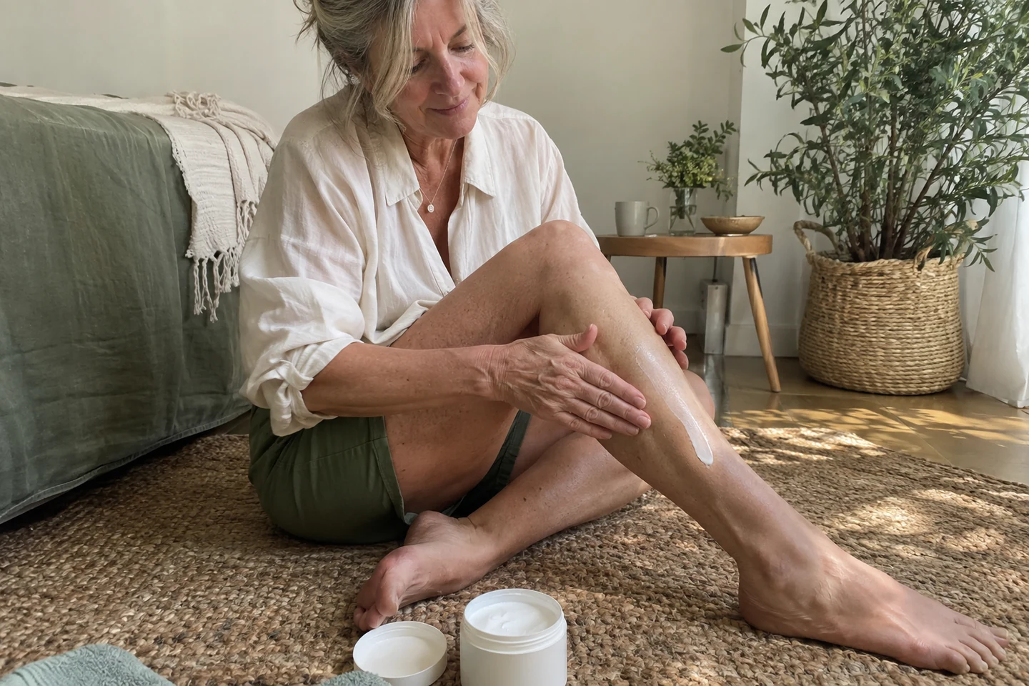 Femme mature appliquant une crème sur ses jambes le matin