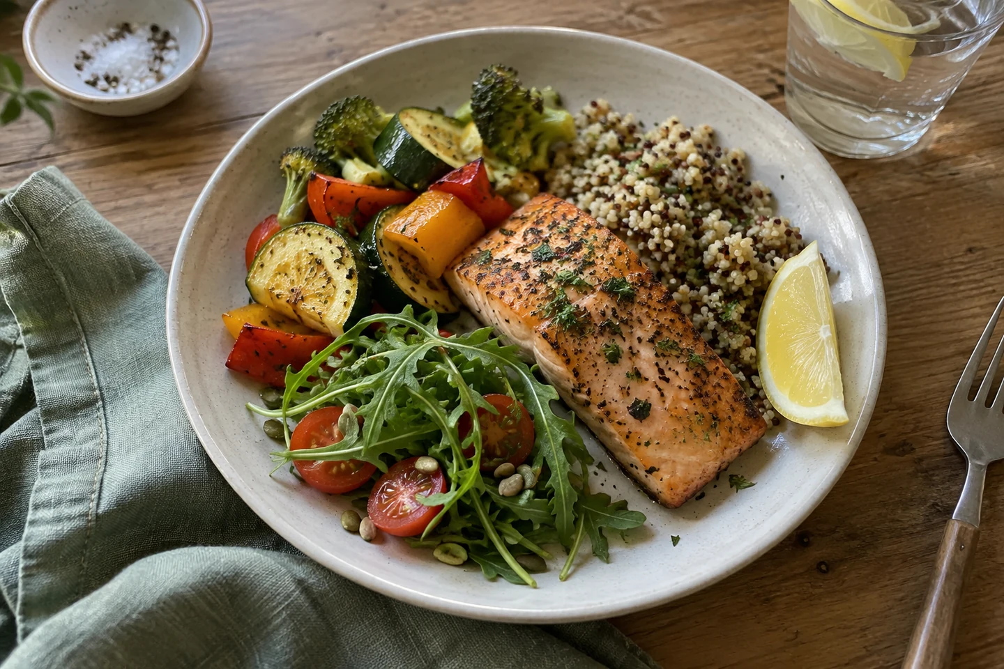 Assiette colorée de légumes et poisson pour une peau éclatante