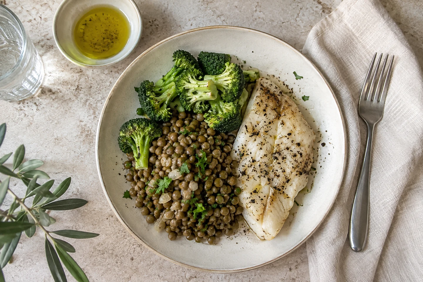 Assiette équilibrée avec poisson, lentilles et légumes verts
