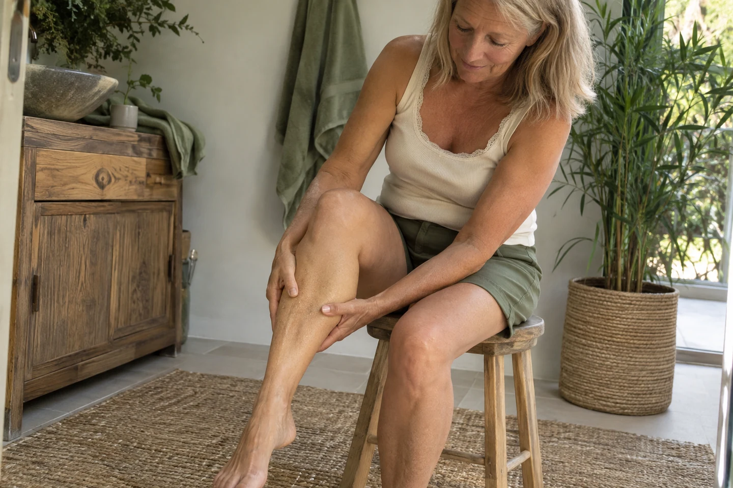 Auto-massage des mollets avec une huile par une femme mature