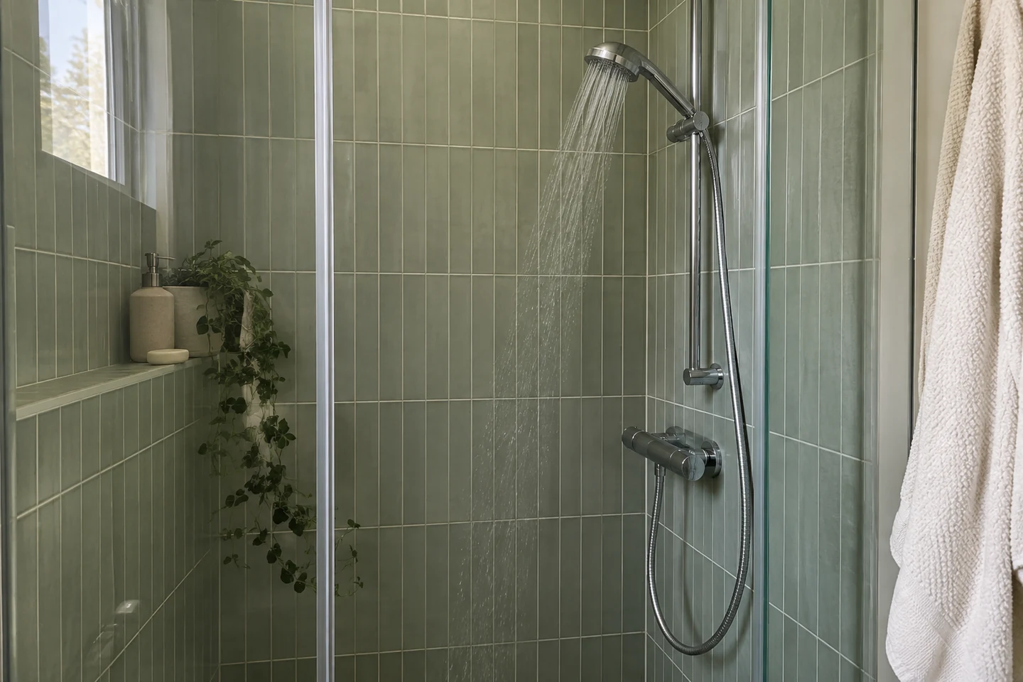 Douche et serviette dans une salle de bain aux tons sauge