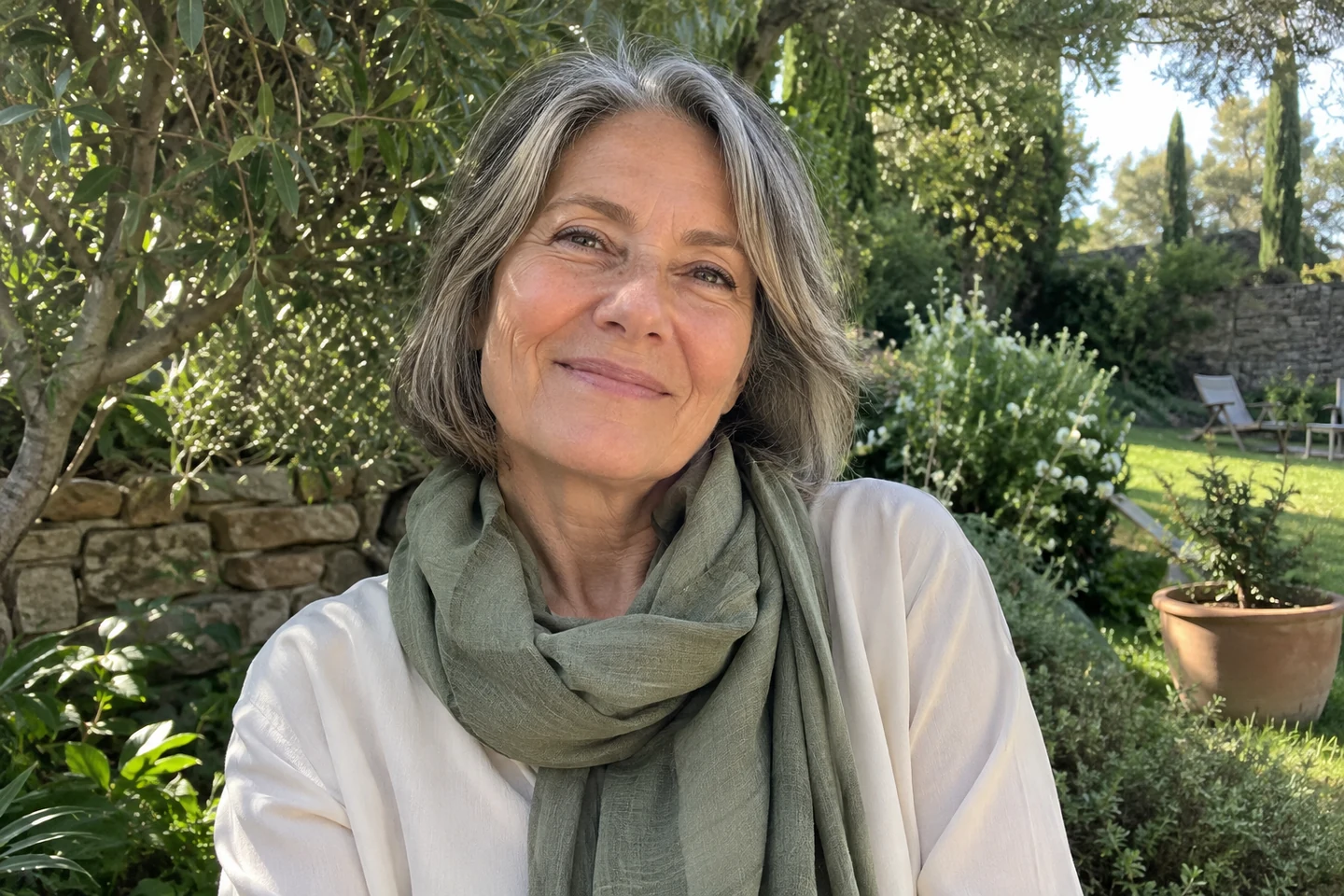 Femme mature portant un foulard élégant sur le décolleté
