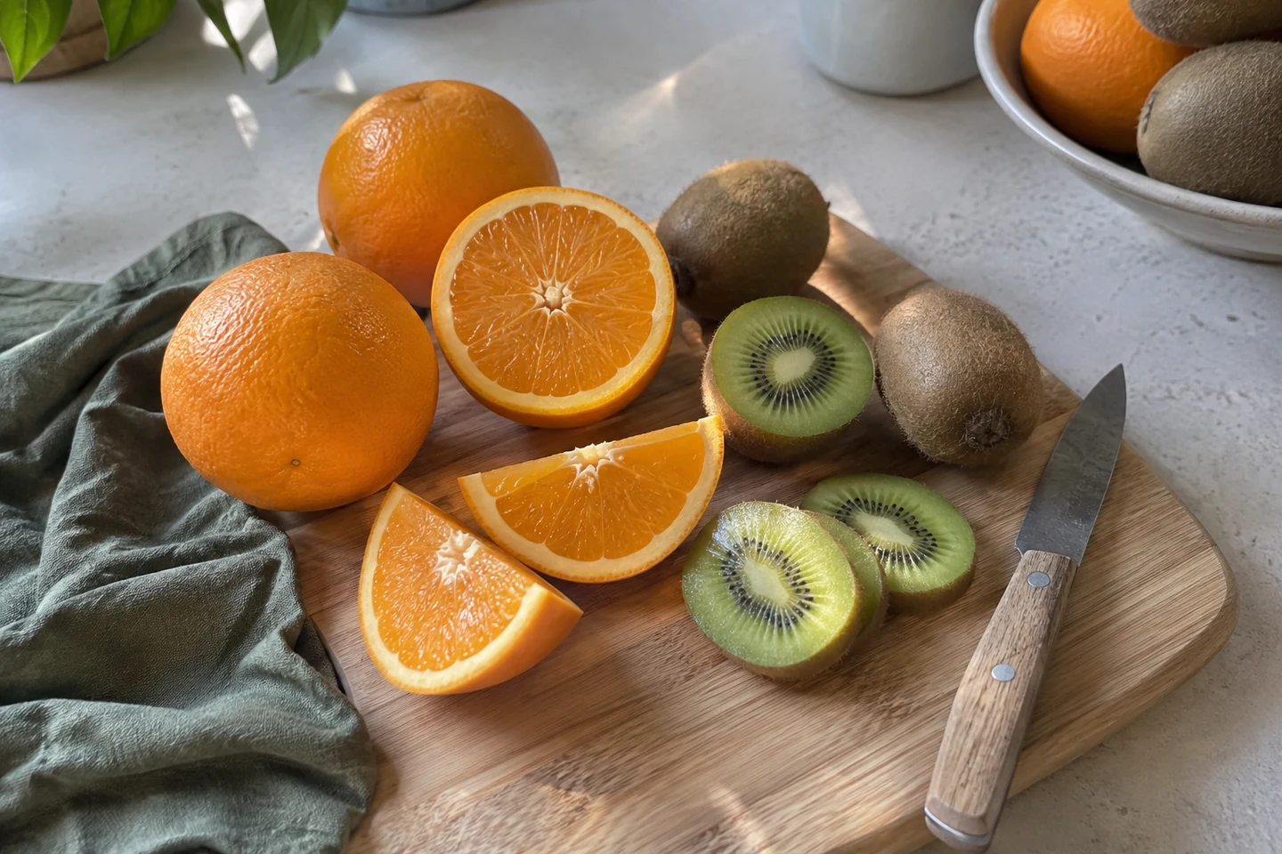 Agrumes et kiwis riches en vitamine C sur un plan de travail