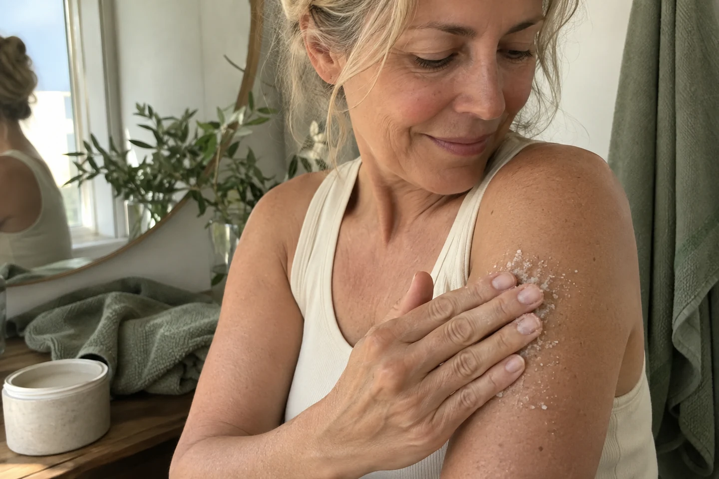 Gommage doux appliqué sur l'épaule d'une femme mature