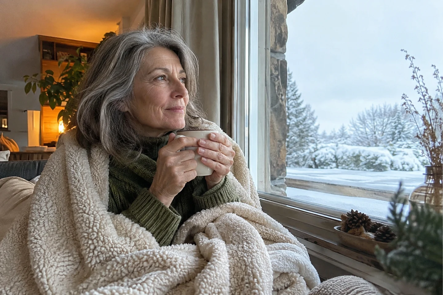 Femme de 60 ans emmitouflée dans un plaid près d'une fenêtre en hiver