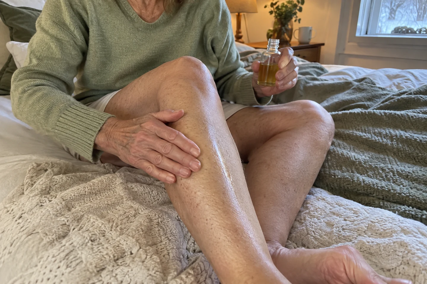 Application d'huile sur les jambes sèches en hiver