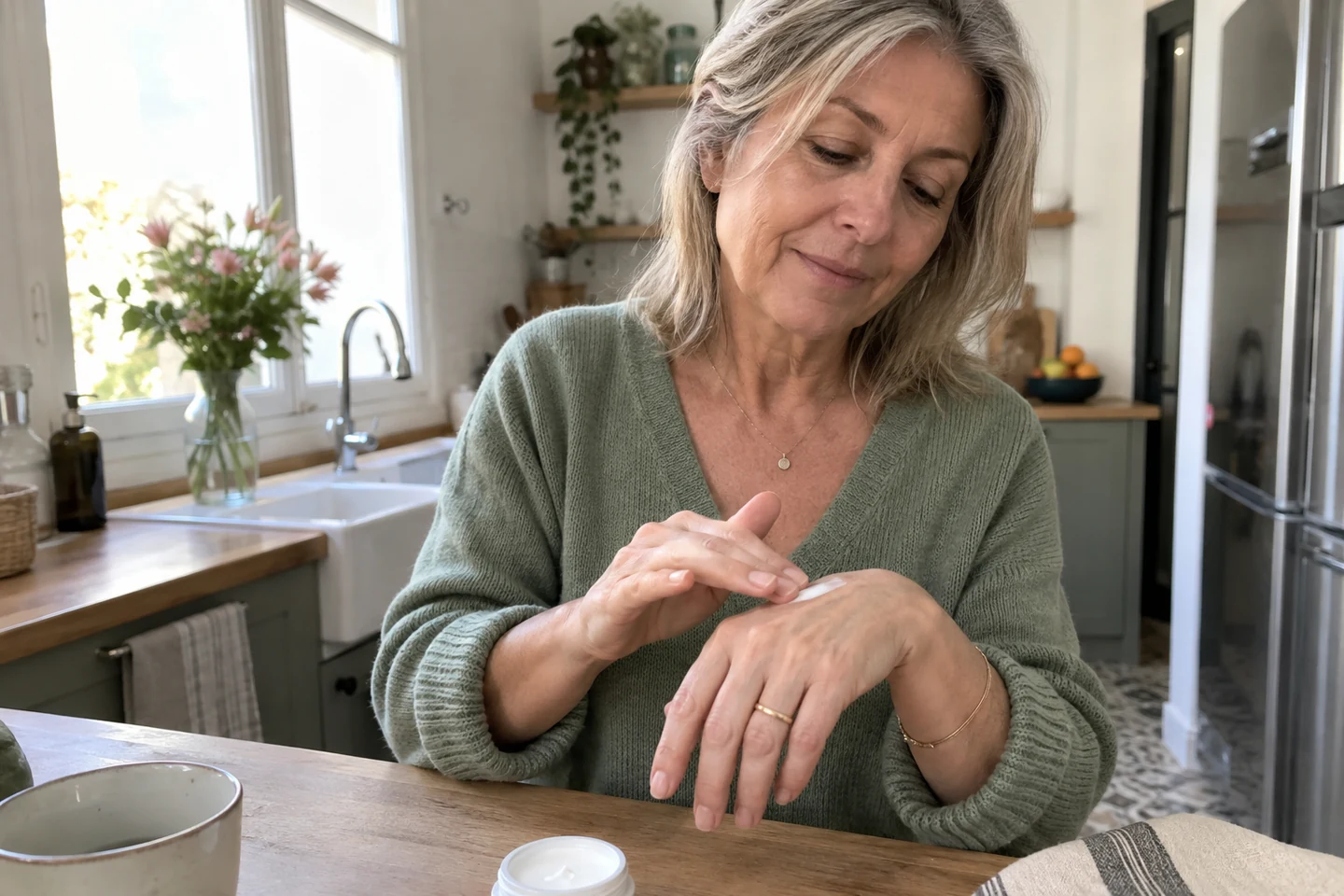 Femme appliquant de la crème sur le dos de sa main