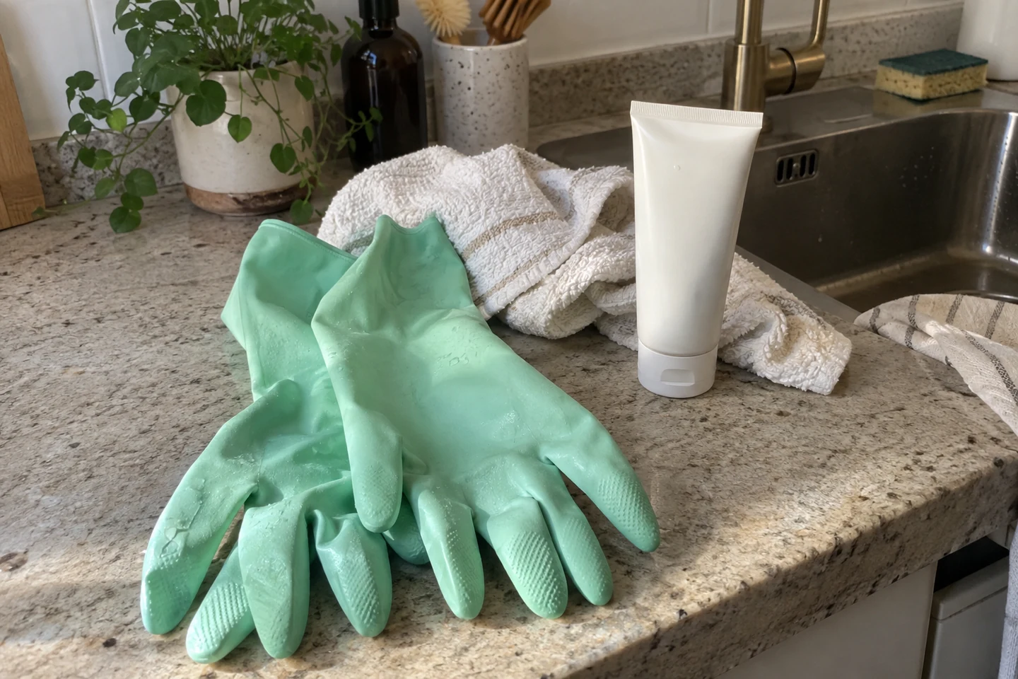 Gants de ménage et crème près d’un évier