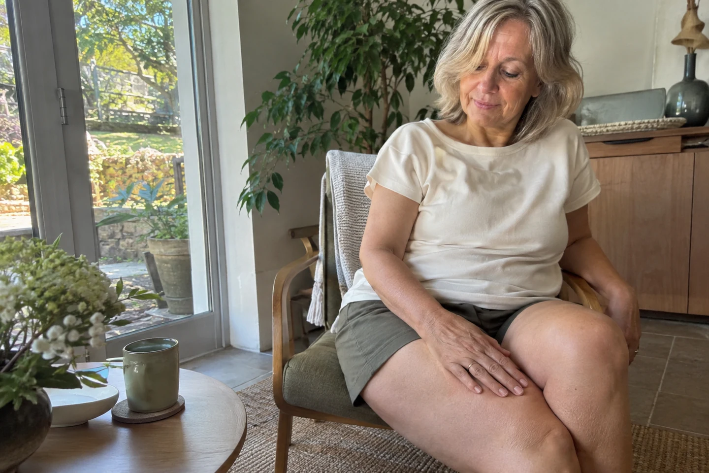 Auto-massage doux des cuisses avec une huile corps