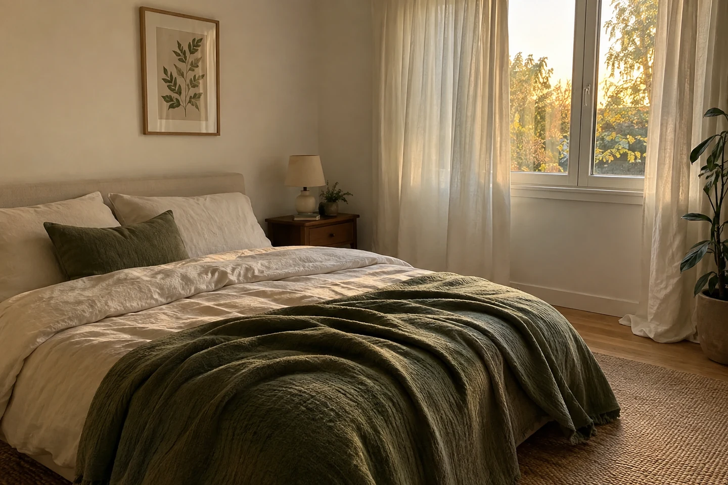 Chambre apaisante avec du linge de lit naturel et un plaid vert