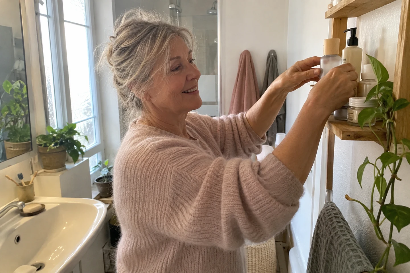 Femme rangeant quelques produits sur une étagère de salle de bain