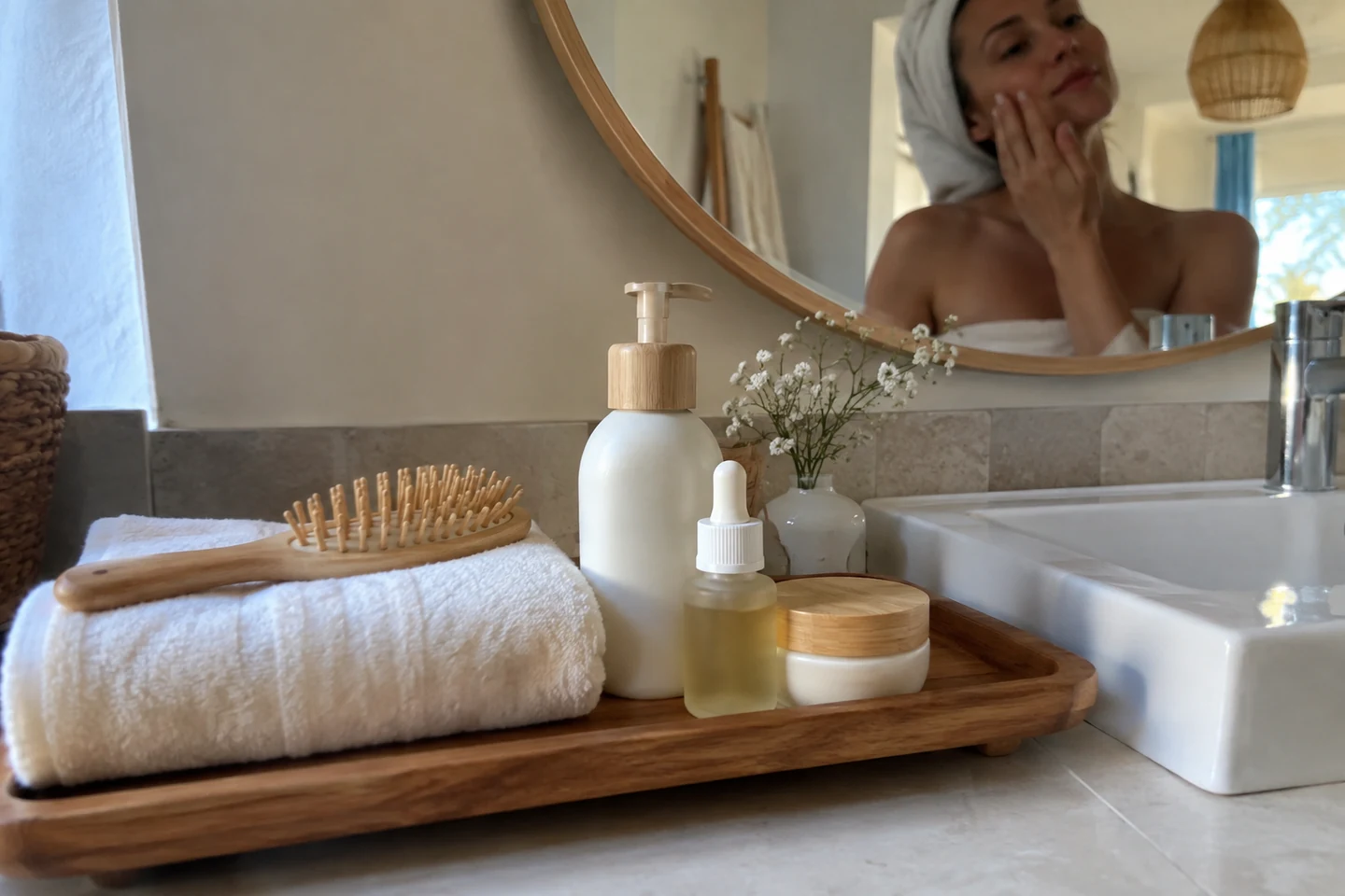 Trois produits de soin et une serviette sur un plateau