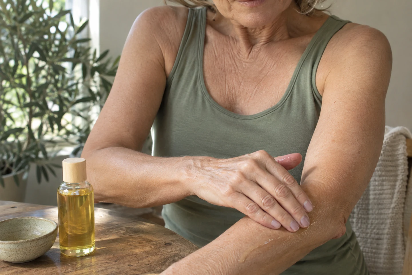 Application d'huile corps sur le bras d'une femme mature