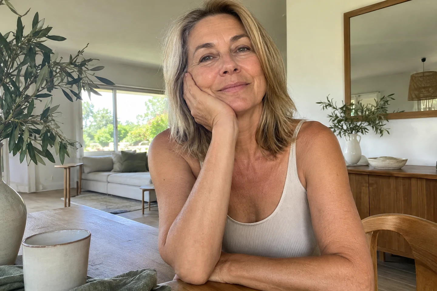 Femme accoudée à une table, bras visibles dans la lumière du jour