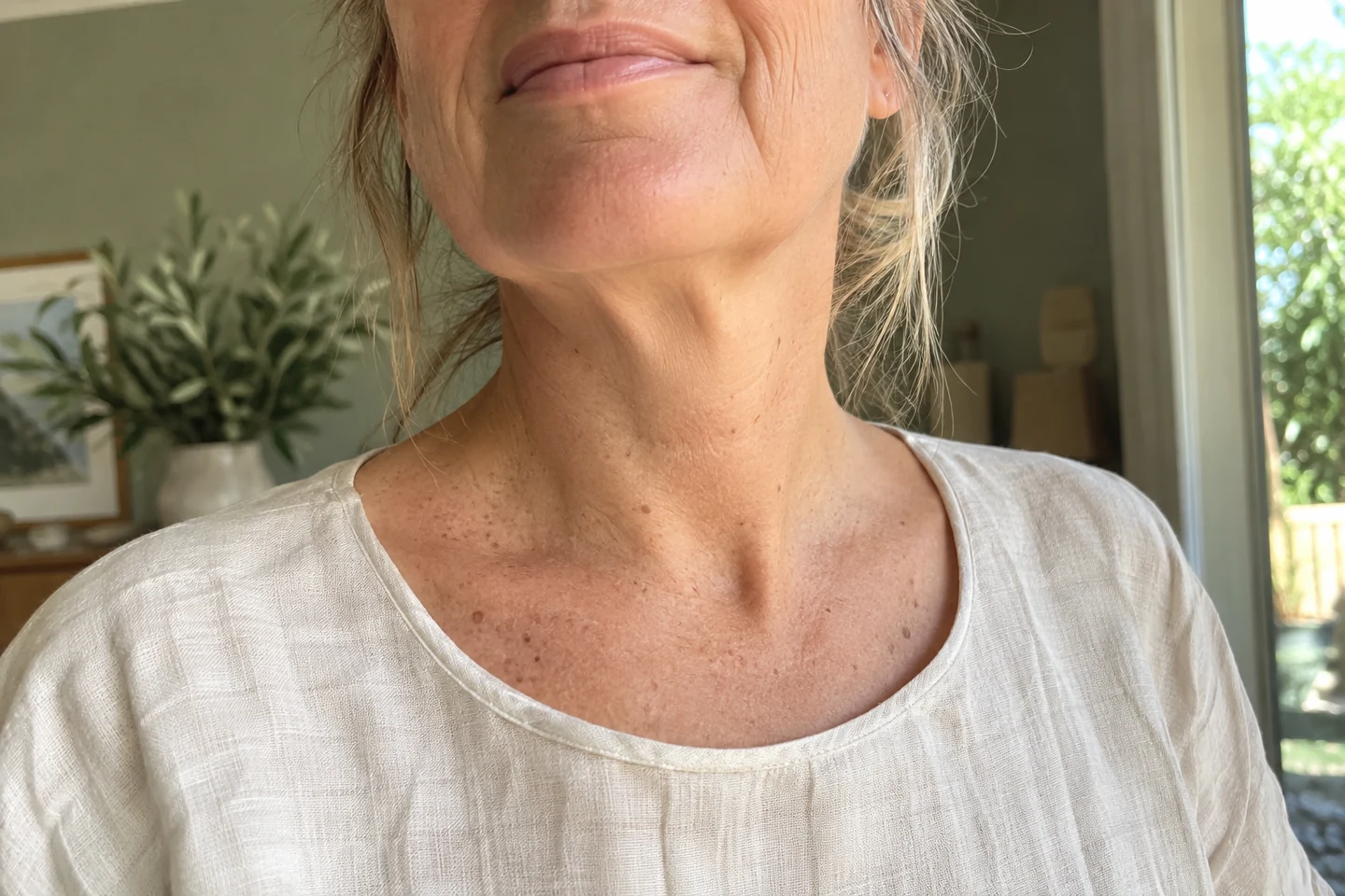 Décolleté d'une femme de 55 ans en lumière naturelle