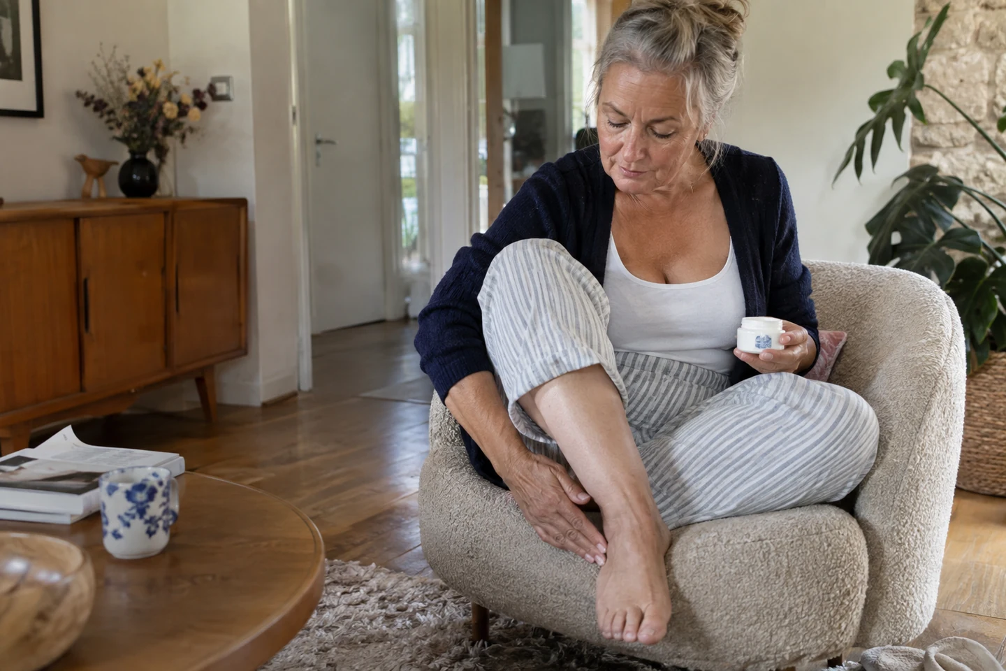 Femme assise appliquant un soin sur son talon