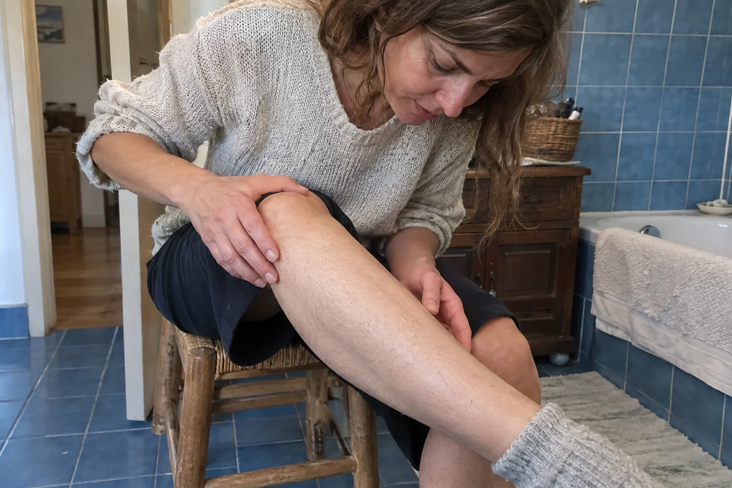 Une femme examine le sens de ses poils de jambe
