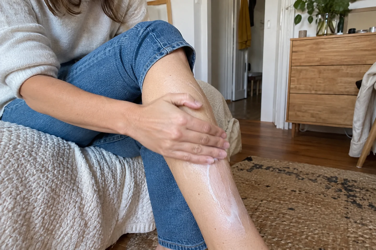 Une femme applique un soin doux sur sa jambe