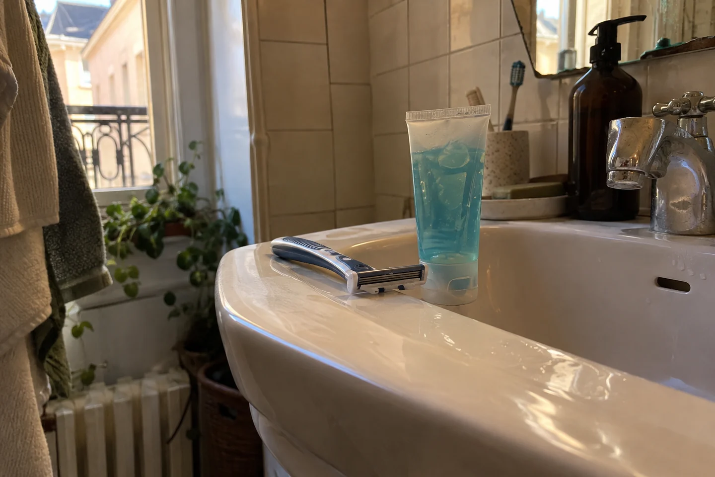 Rasoir propre et gel sur le bord d’un lavabo