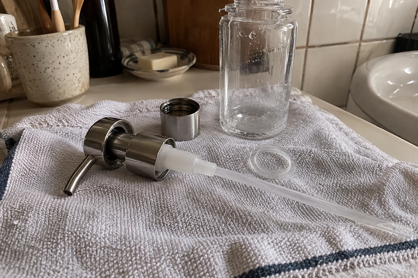 Une pompe démontée posée sur une serviette propre