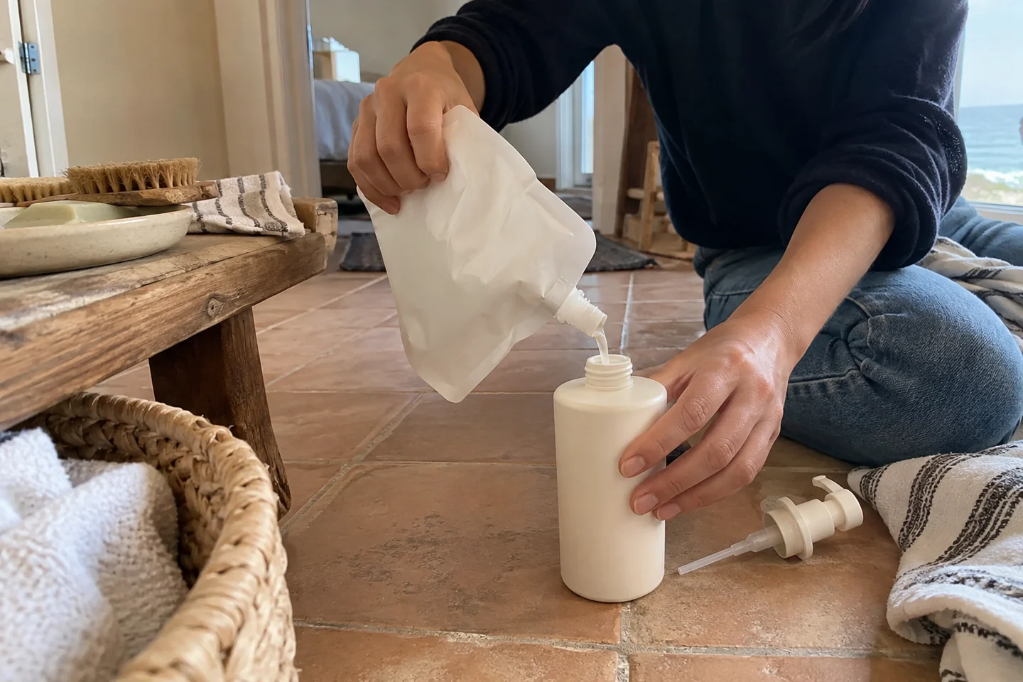 Une recharge cosmétique et son flacon correspondant neutres