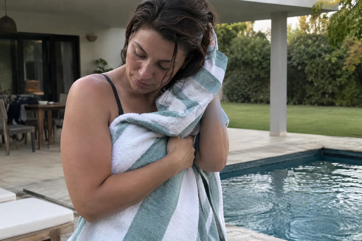 Une femme s’essuie après la piscine à l’ombre