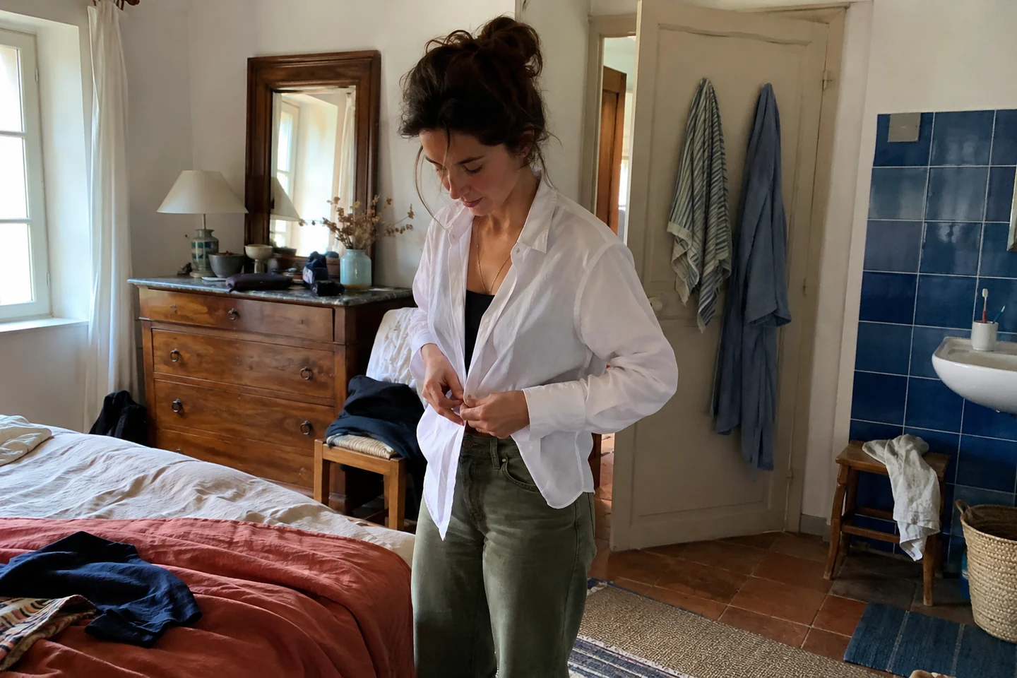 Une femme ferme sa chemise couvrante avant une sortie