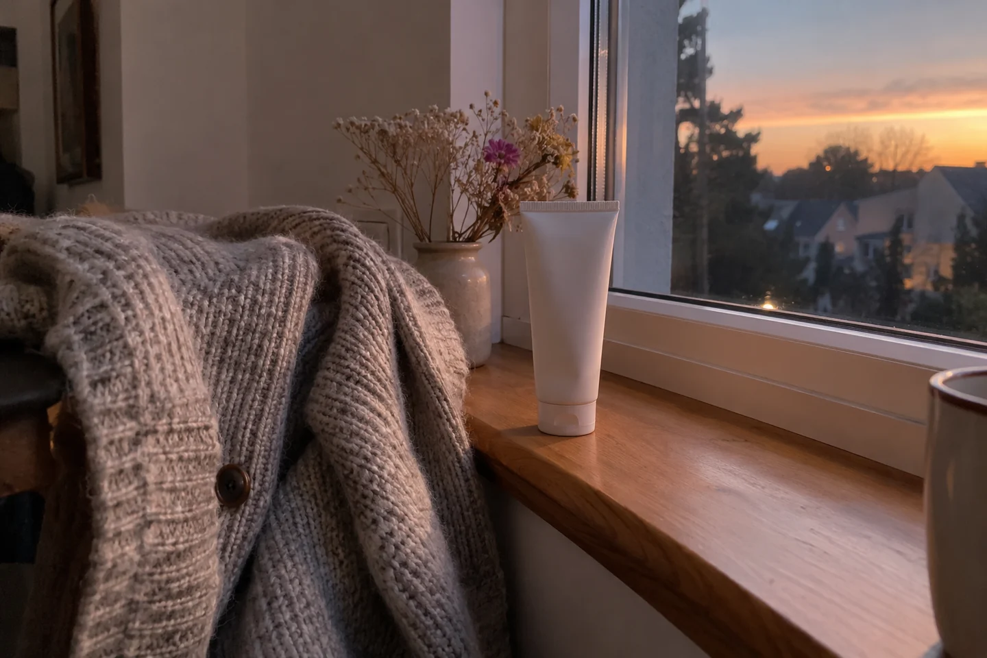 Un cardigan et un tube de crème près d’une fenêtre
