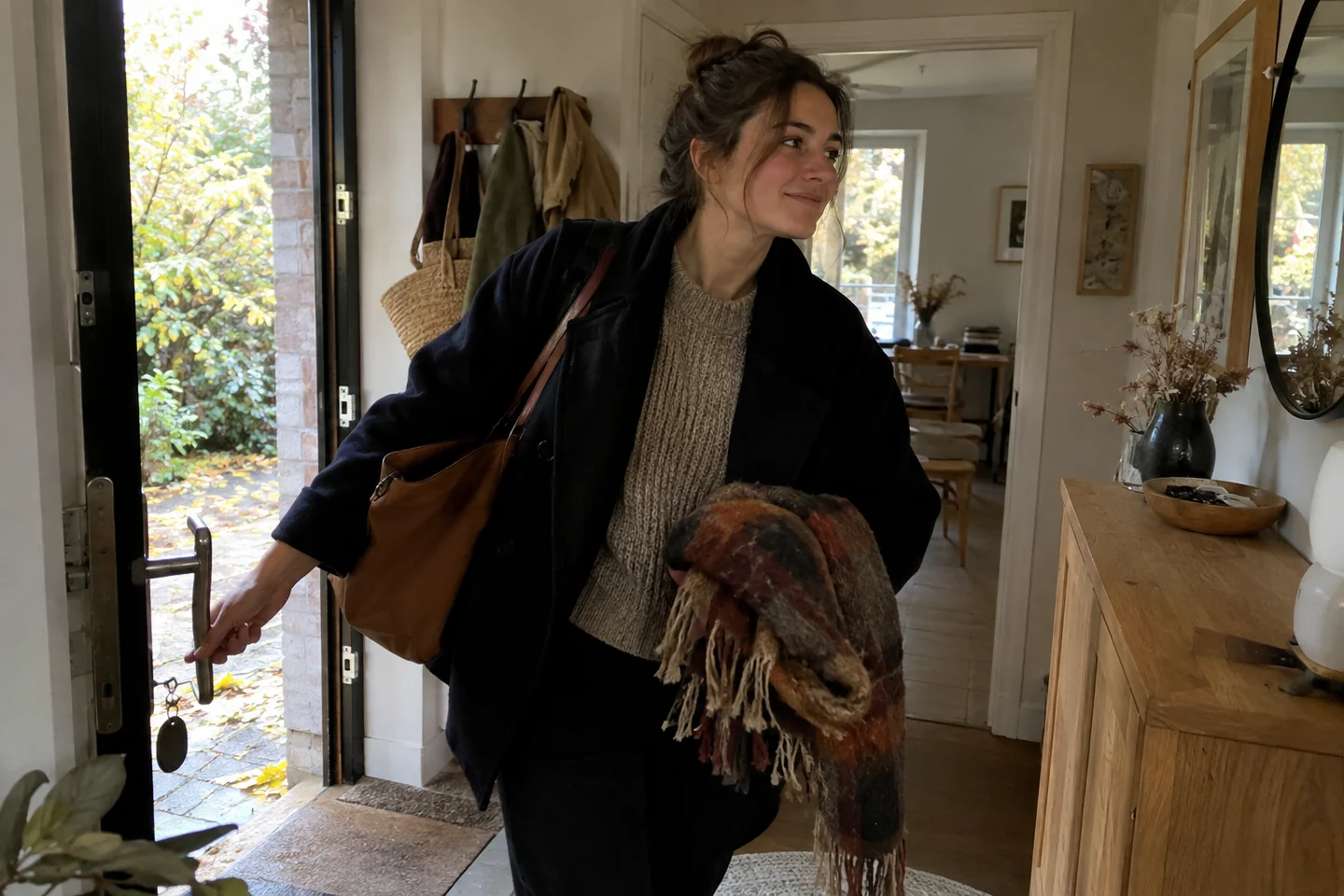 Une femme rentre chez elle un matin d’automne