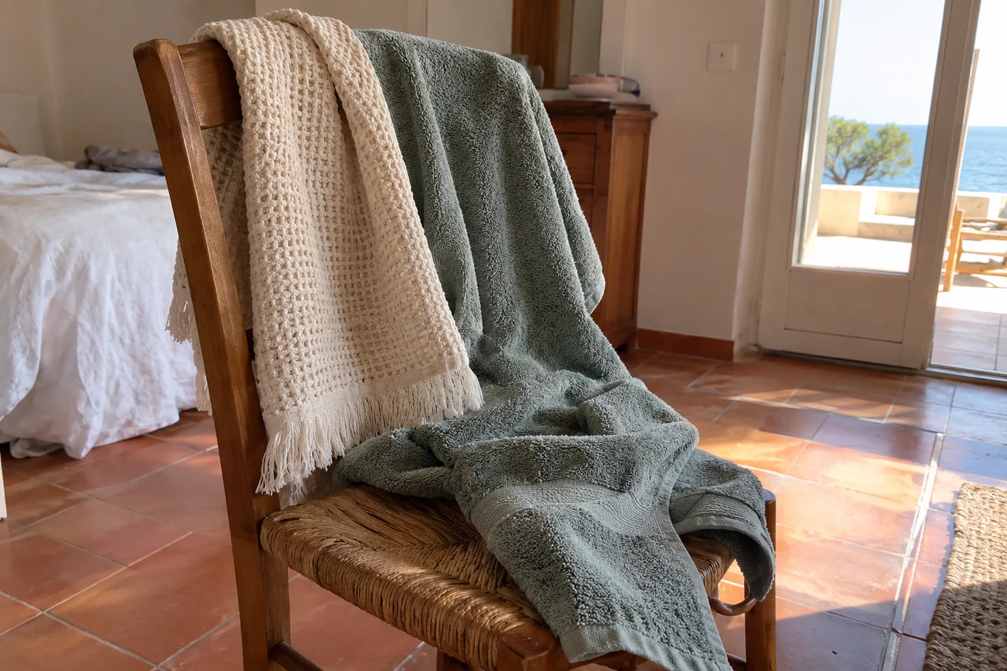 Deux serviettes de textures différentes sur une chaise