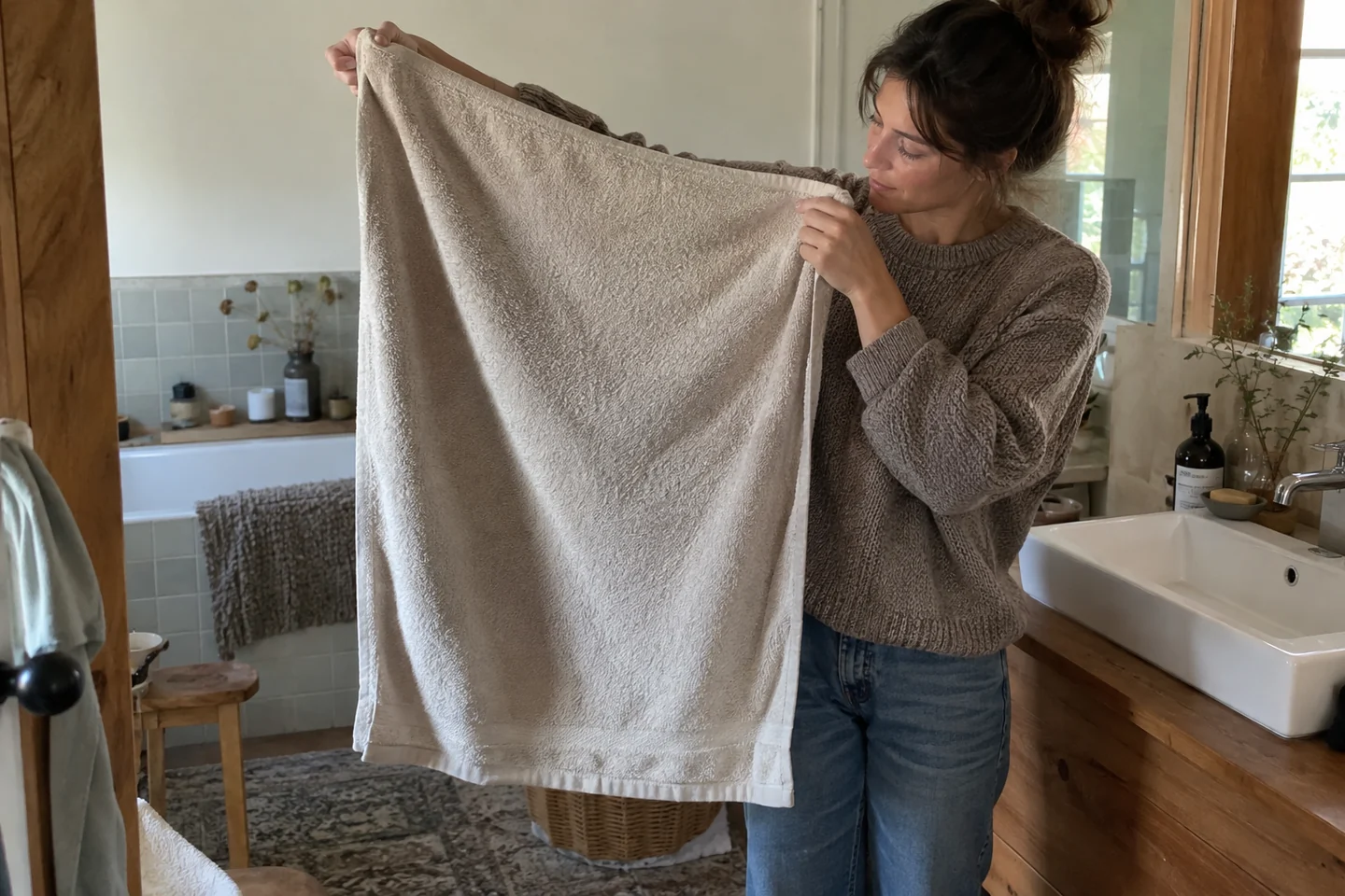 Une femme déplie une serviette pour faciliter son séchage