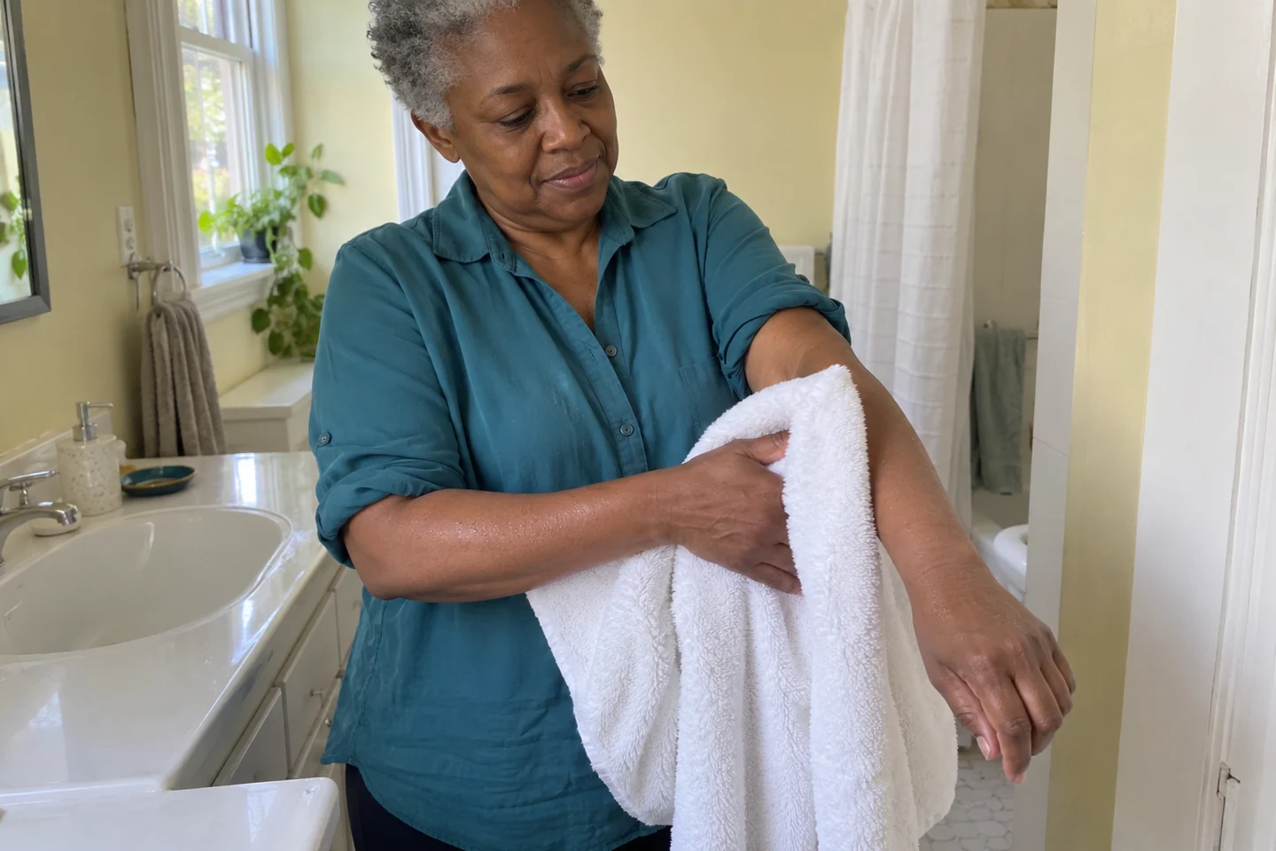 Une femme tamponne doucement son avant-bras